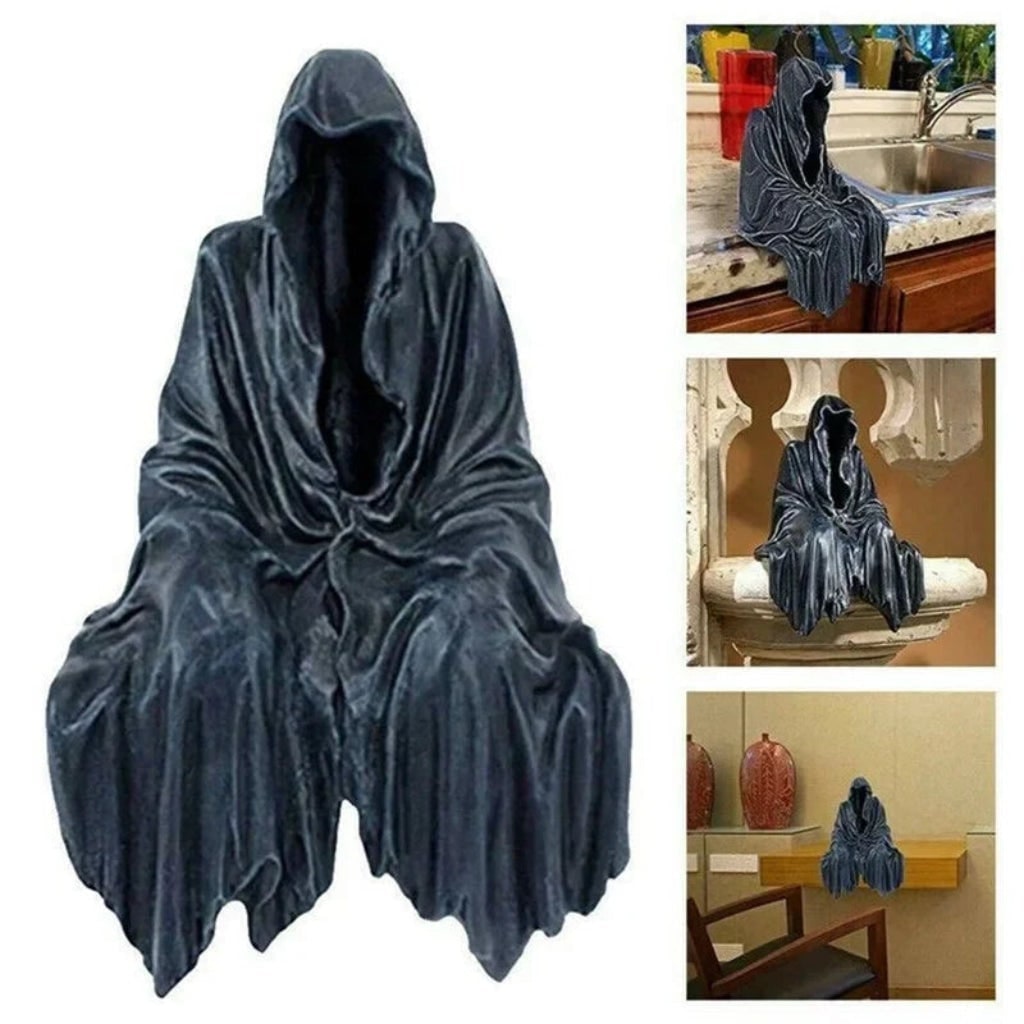 Halloween Grim Reaper Decor Statue Figurine with Hooded Draped Robe Design Shelf Sitter