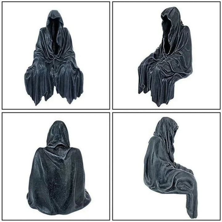 Halloween Grim Reaper Decor Statue Figurine with Hooded Draped Robe Design Shelf Sitter