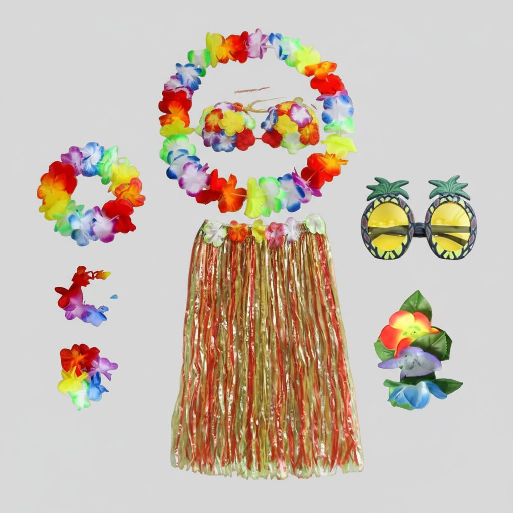 Halloween Group of Four Hula Costume Set with Grass Skirt Lei and Flower
