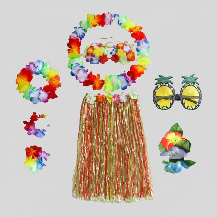 Halloween Group of Four Hula Costume Set with Grass Skirt Lei and Flower