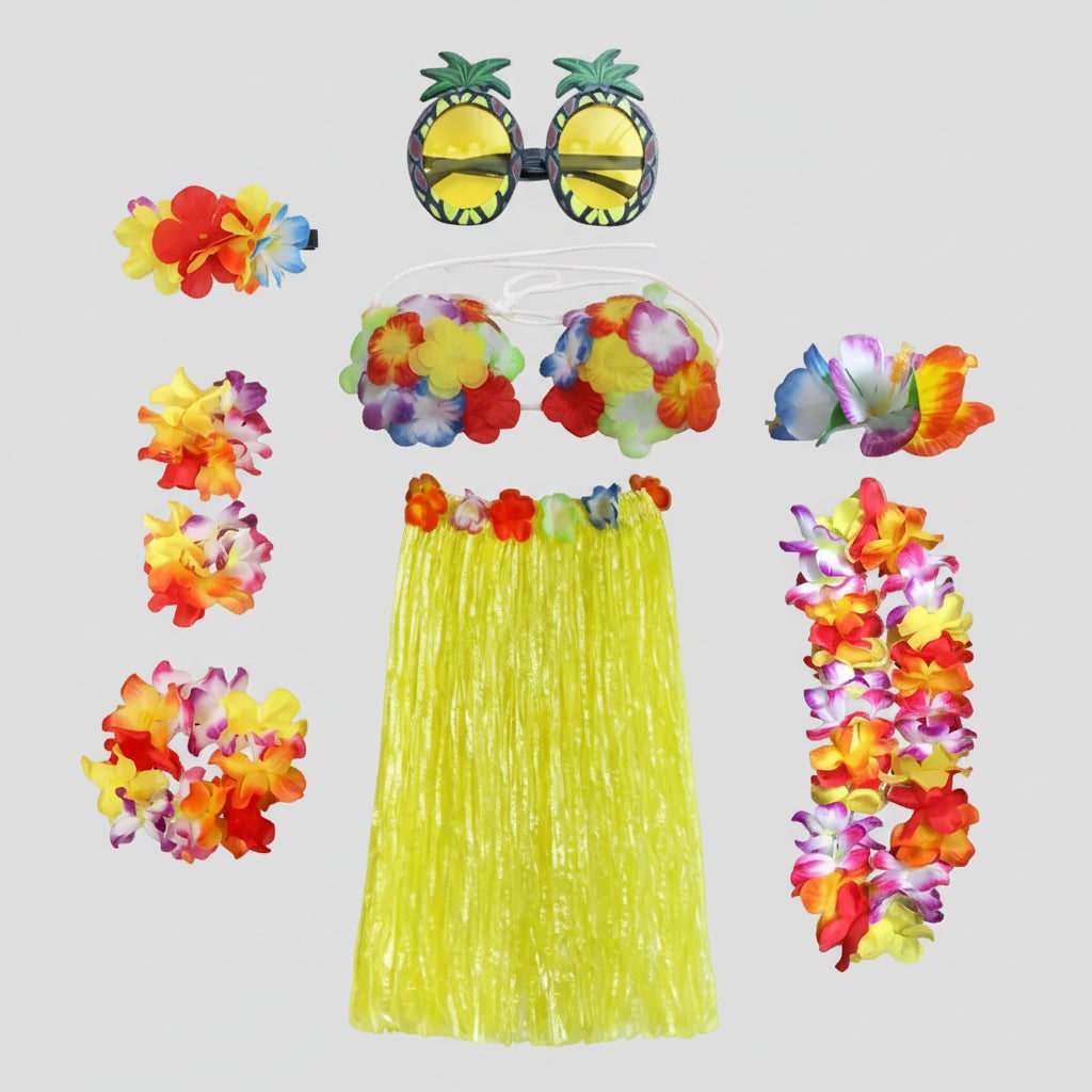Halloween Group of Four Hula Costume Set with Grass Skirt Lei and Flower