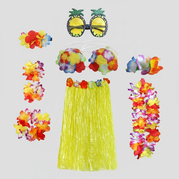 Halloween Group of Four Hula Costume Set with Grass Skirt Lei and Flower