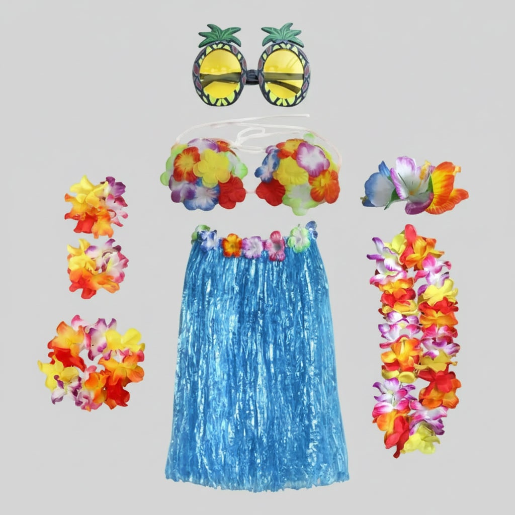 Halloween Group of Four Hula Costume Set with Grass Skirt Lei and Flower