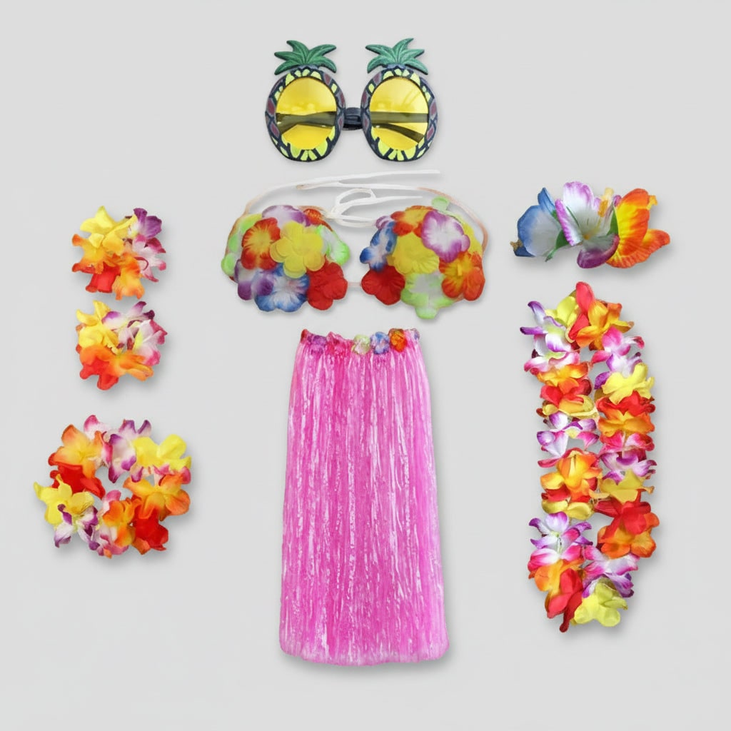 Halloween Group of Four Hula Costume Set with Grass Skirt Lei and Flower