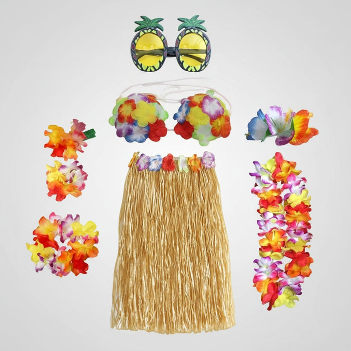 Halloween Group of Four Hula Costume Set with Grass Skirt Lei and Flower