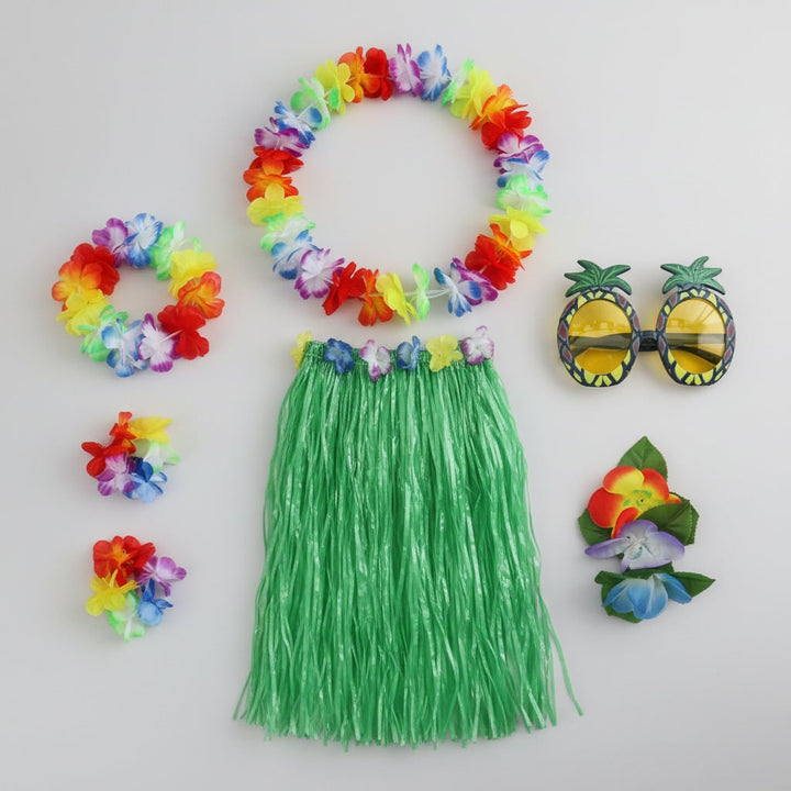 Halloween Group of Four Hula Costume Set with Grass Skirt Lei and Flower
