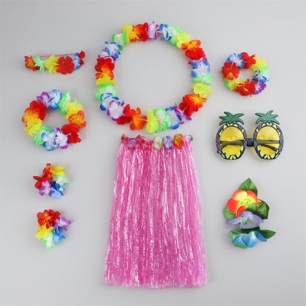 Halloween Group of Four Hula Costume Set with Grass Skirt Lei and Flower