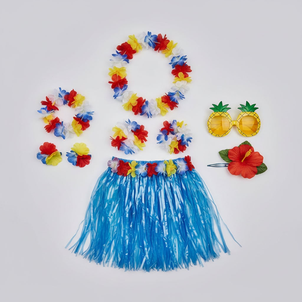 Halloween Group of Four Hula Costume Set with Grass Skirt Lei and Flower