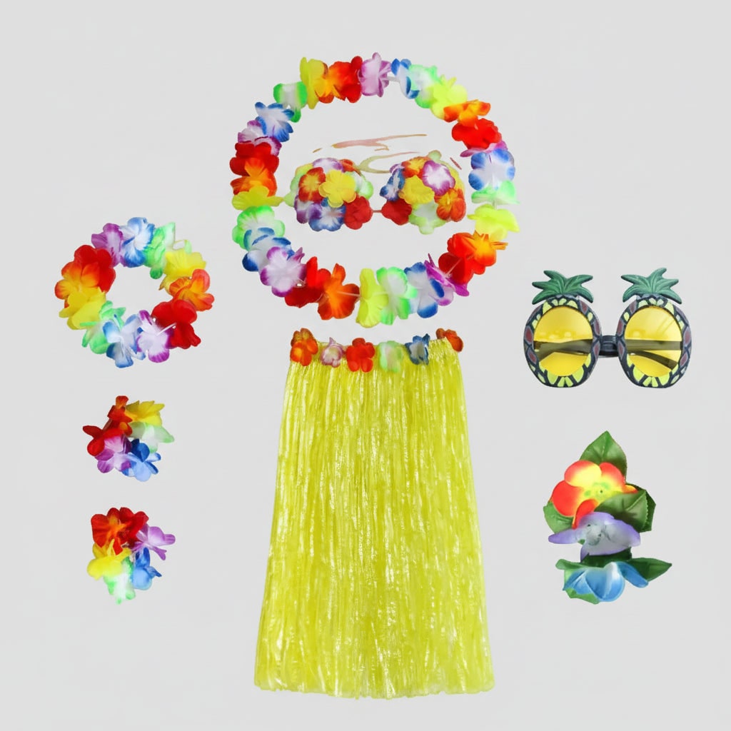 Halloween Group of Four Hula Costume Set with Grass Skirt Lei and Flower