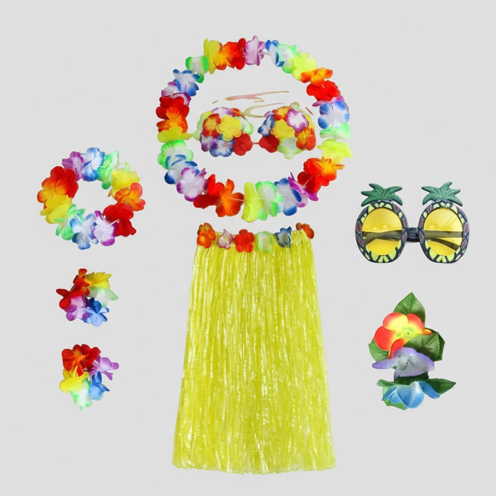 Halloween Group of Four Hula Costume Set with Grass Skirt Lei and Flower