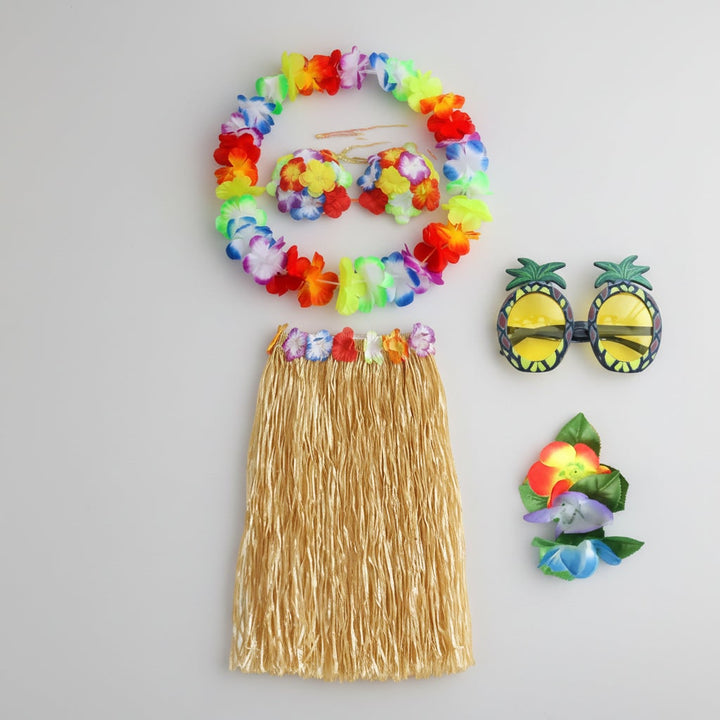 Halloween Group of Four Hula Costume Set with Grass Skirt Lei and Flower