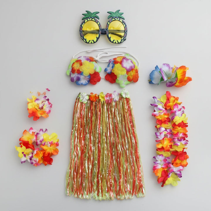 Halloween Group of Four Hula Costume Set with Grass Skirt Lei and Flower