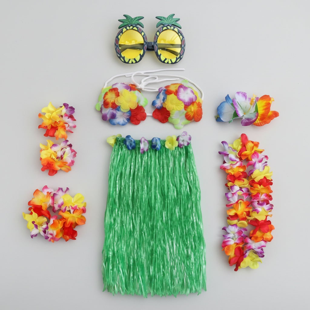 Halloween Group of Four Hula Costume Set with Grass Skirt Lei and Flower