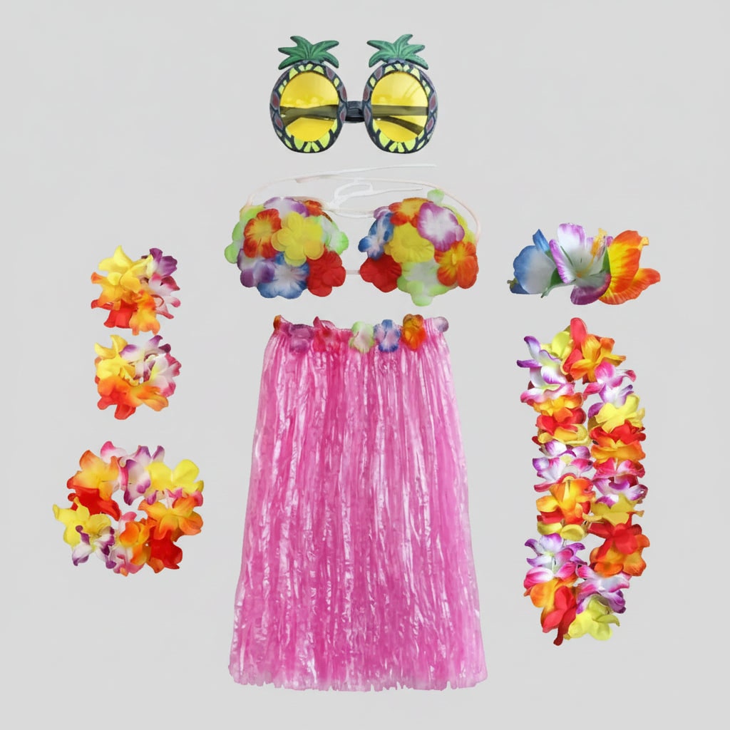 Halloween Group of Four Hula Costume Set with Grass Skirt Lei and Flower