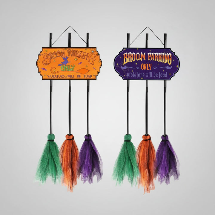 Halloween Hanging Decoration Sign with Broom Parking Design for Outdoor Yard Decor