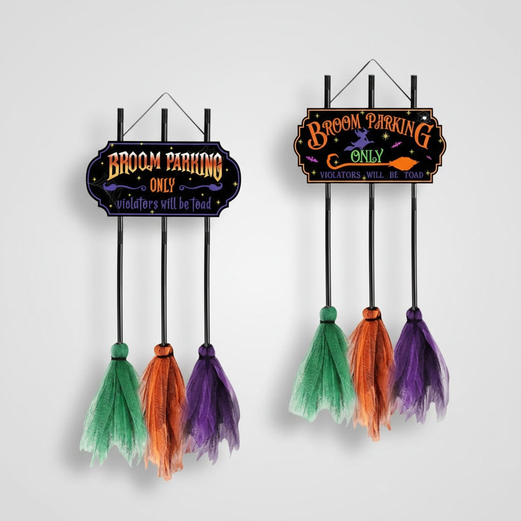 Halloween Hanging Decoration Sign with Broom Parking Design for Outdoor Yard Decor