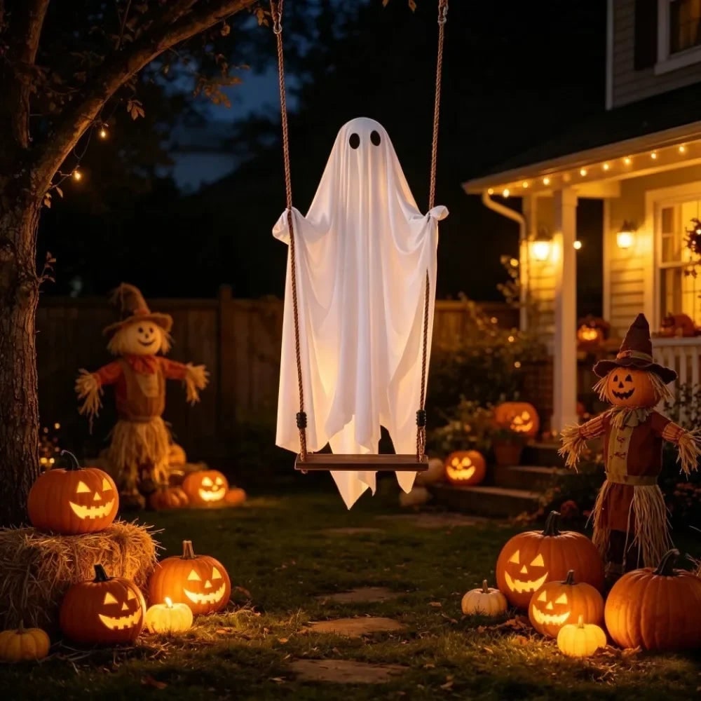 Halloween Hanging Ghost Decoration with LED Light Up and Remote Control for Yard