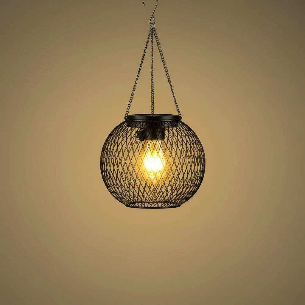 Halloween Hanging Solar Lantern Outdoor Lights with Black Metal Mesh Globe for Yard Decoration