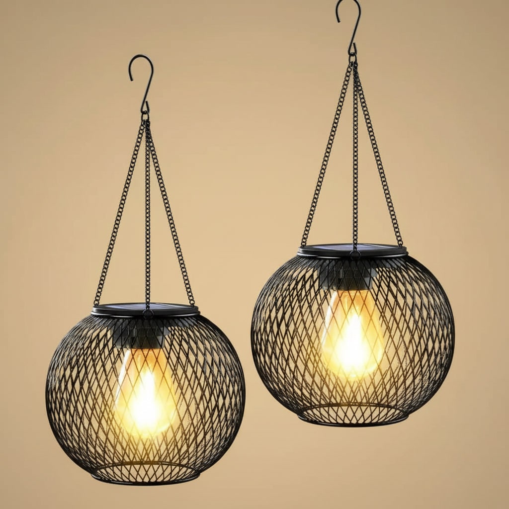 Halloween Hanging Solar Lantern Outdoor Lights with Black Metal Mesh Globe for Yard Decoration