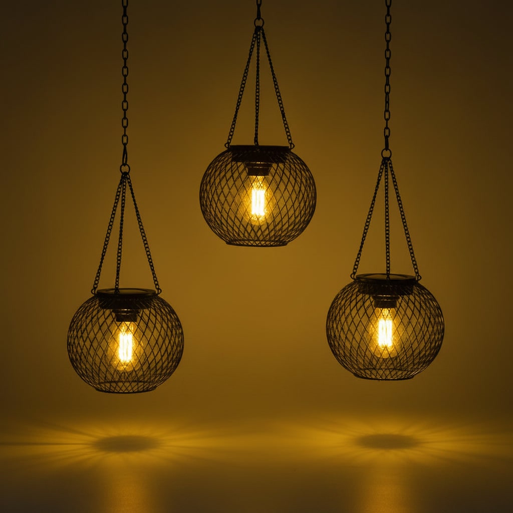 Halloween Hanging Solar Lantern Outdoor Lights with Black Metal Mesh Globe for Yard Decoration