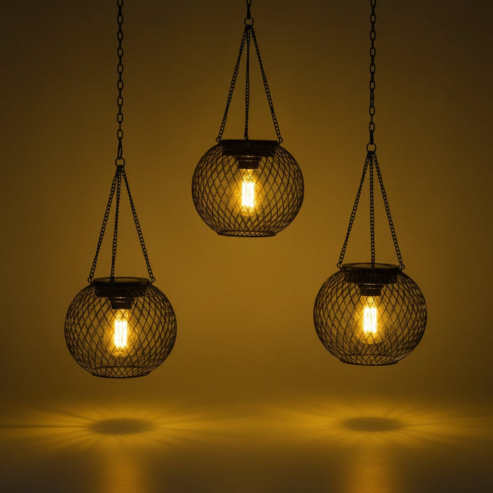 Halloween Hanging Solar Lantern Outdoor Lights with Black Metal Mesh Globe for Yard Decoration
