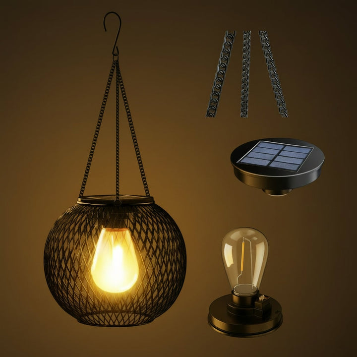 Halloween Hanging Solar Lantern Outdoor Lights with Black Metal Mesh Globe for Yard Decoration