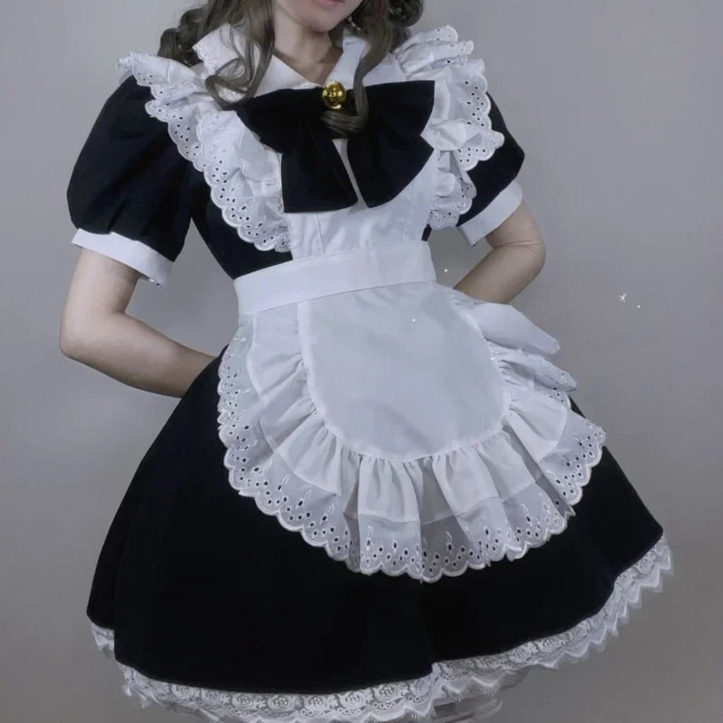 Halloween House Maid Costume Dress with Ruffled Apron and flying boy Collar for Plus Size