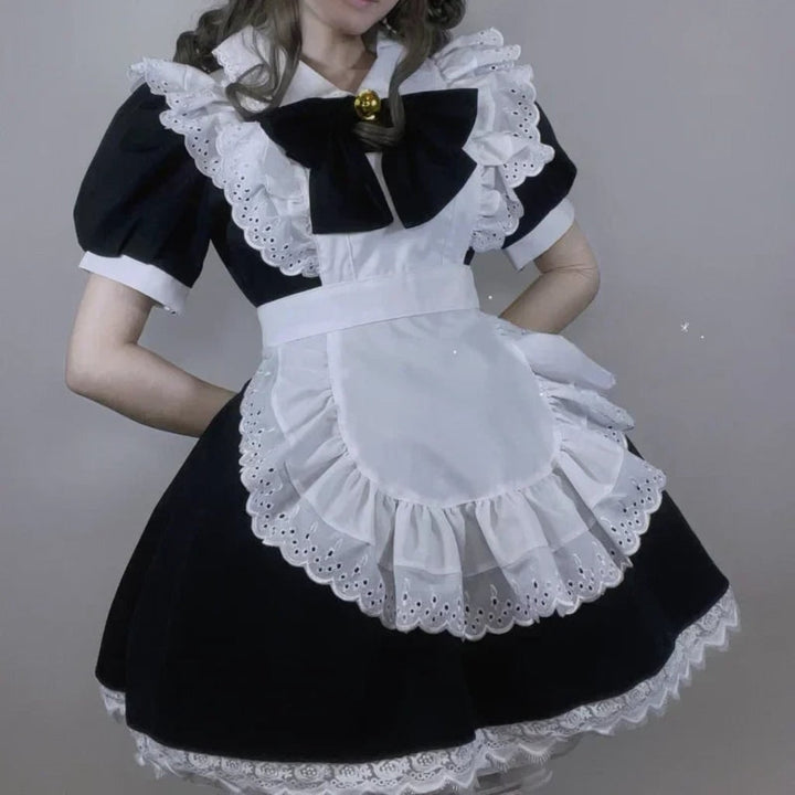 Halloween House Maid Costume Dress with Ruffled Apron and flying boy Collar for Plus Size