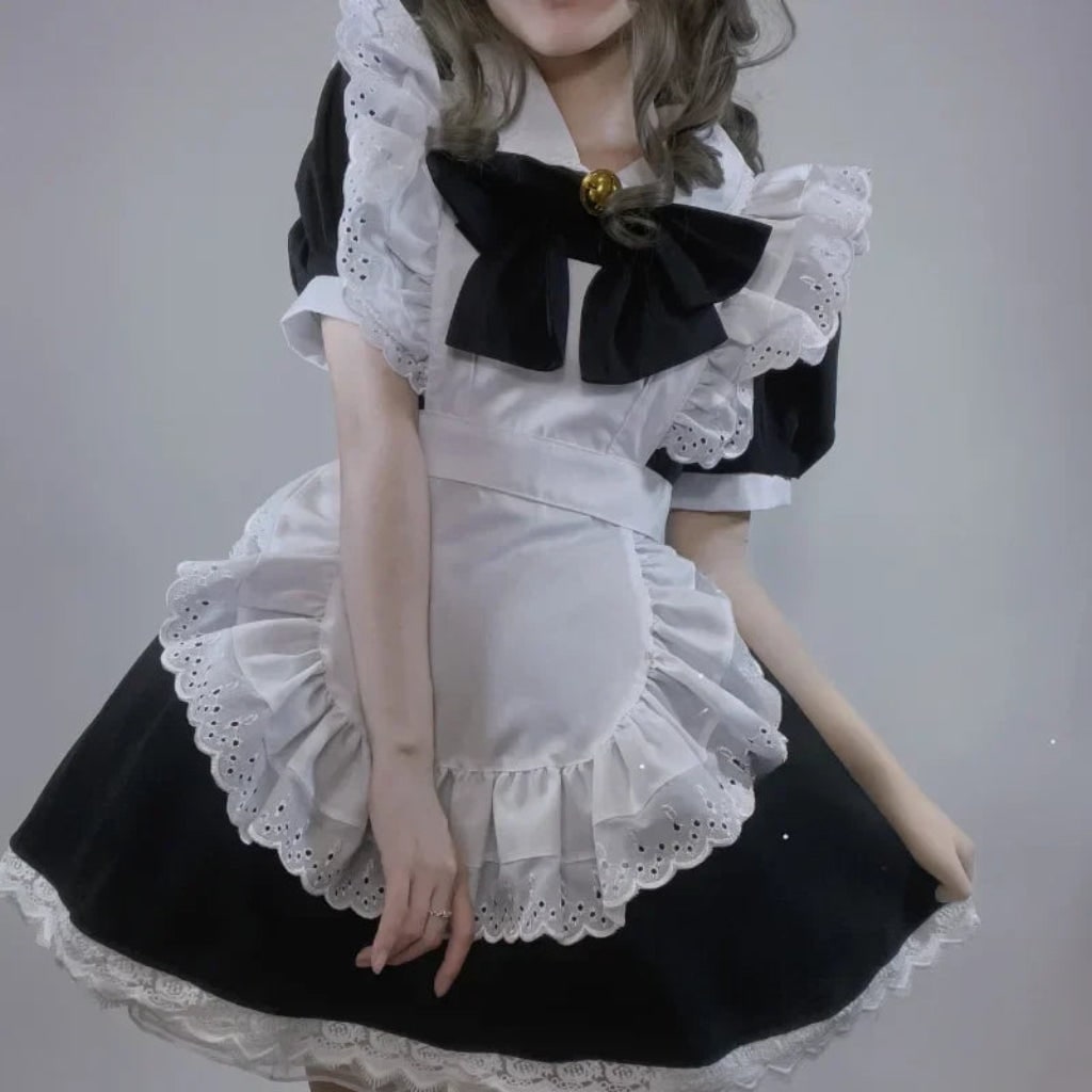 Halloween House Maid Costume Dress with Ruffled Apron and flying boy Collar for Plus Size
