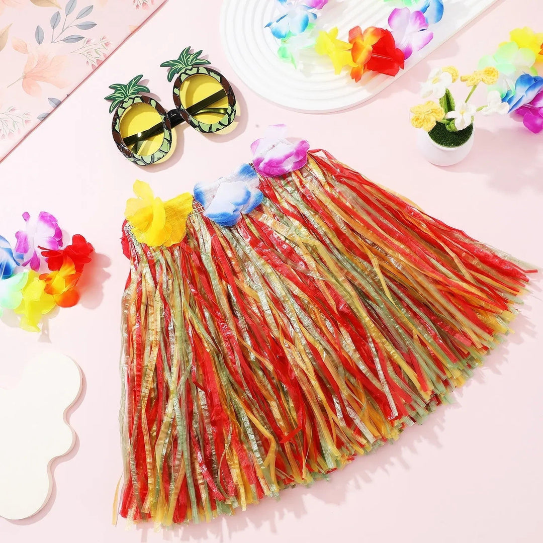 Halloween Hula Skirt Set with Hawaiian Party Costume Accessories and Flower Lei Crop Top