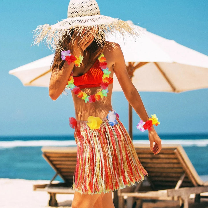 Halloween Hula Skirt Set with Hawaiian Party Costume Accessories and Flower Lei Crop Top