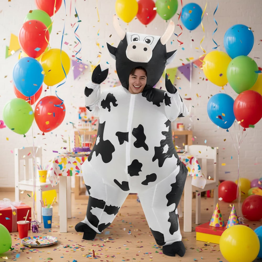 Halloween Inflatable Cow Costume with Built-In Fan and Hoof Covers Suit