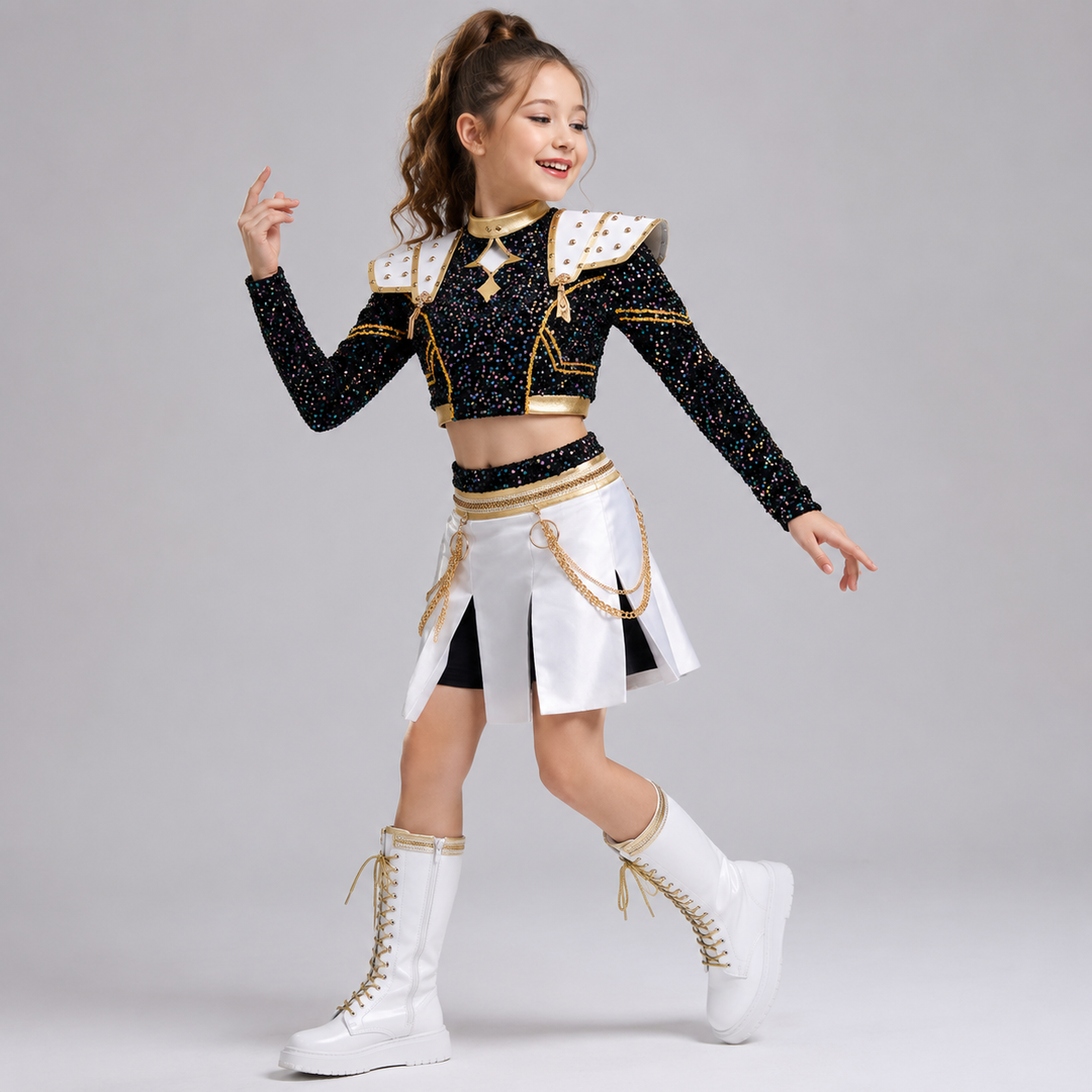 Halloween K-Pop Cosplay Costume with Sequin Crop Top Pleated Skirt Gold Chain Drapes and Braided Set