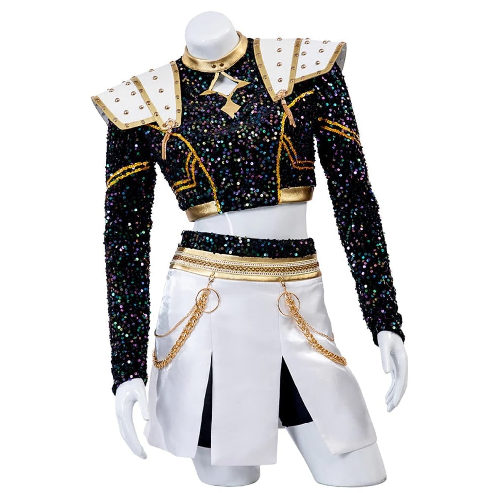 Halloween K-Pop Cosplay Costume with Sequin Crop Top Pleated Skirt Gold Chain Drapes and Braided Set