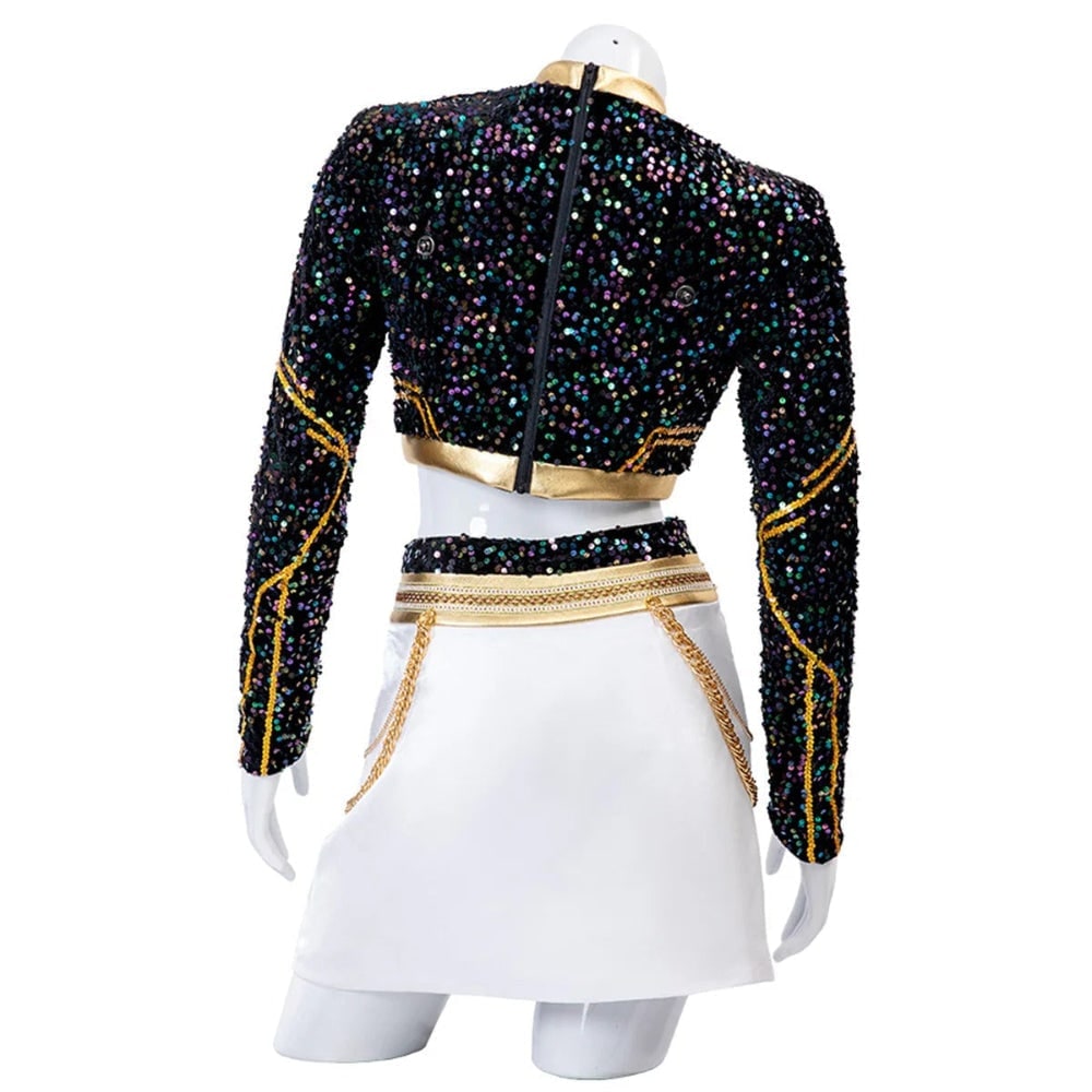 Halloween K-Pop Cosplay Costume with Sequin Crop Top Pleated Skirt Gold Chain Drapes and Braided Set