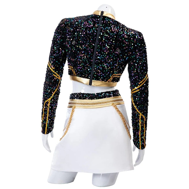 Halloween K-Pop Cosplay Costume with Sequin Crop Top Pleated Skirt Gold Chain Drapes and Braided Set