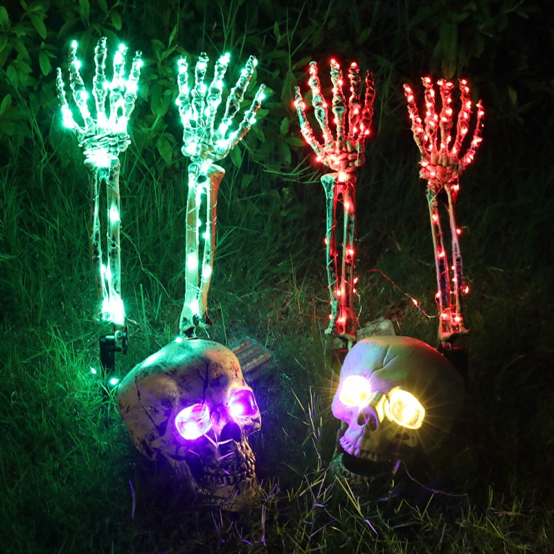 Halloween Lawn Stakes Outdoor Skeleton Decorations LED Light-Up Arm Props for Yard Garden