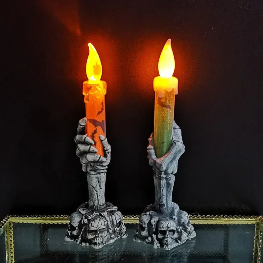 Halloween LED Flameless Candle Battery Operated Skeleton Hand Holder with Skull Base