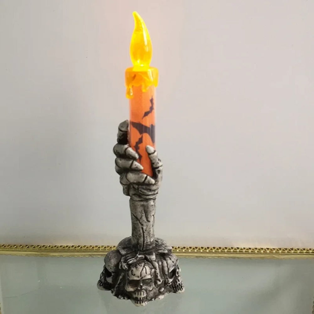 Halloween LED Flameless Candle Battery Operated Skeleton Hand Holder with Skull Base