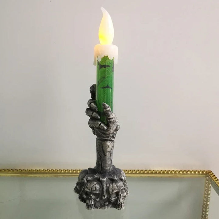 Halloween LED Flameless Candle Battery Operated Skeleton Hand Holder with Skull Base