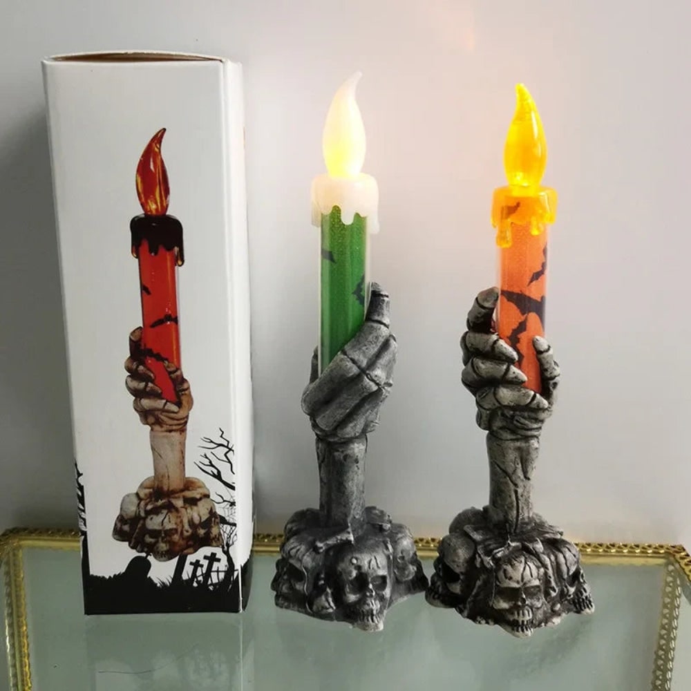 Halloween LED Flameless Candle Battery Operated Skeleton Hand Holder with Skull Base