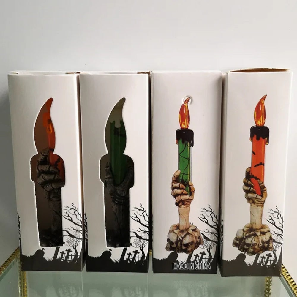 Halloween LED Flameless Candle Battery Operated Skeleton Hand Holder with Skull Base