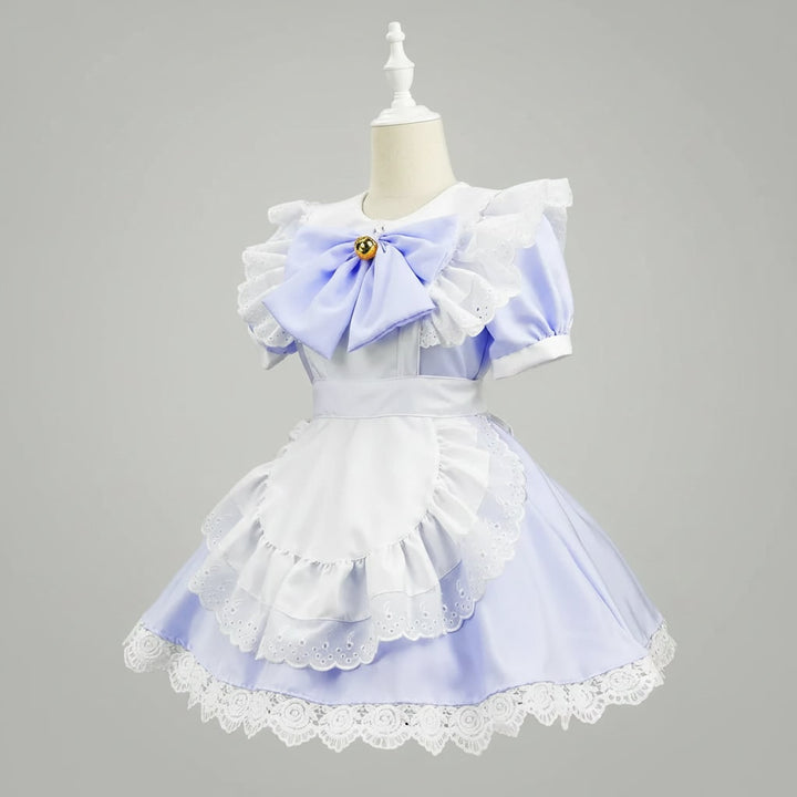 Halloween Maid Cosplay Costume Outfit French Dress with White Ruffled Apron and Lace Trim