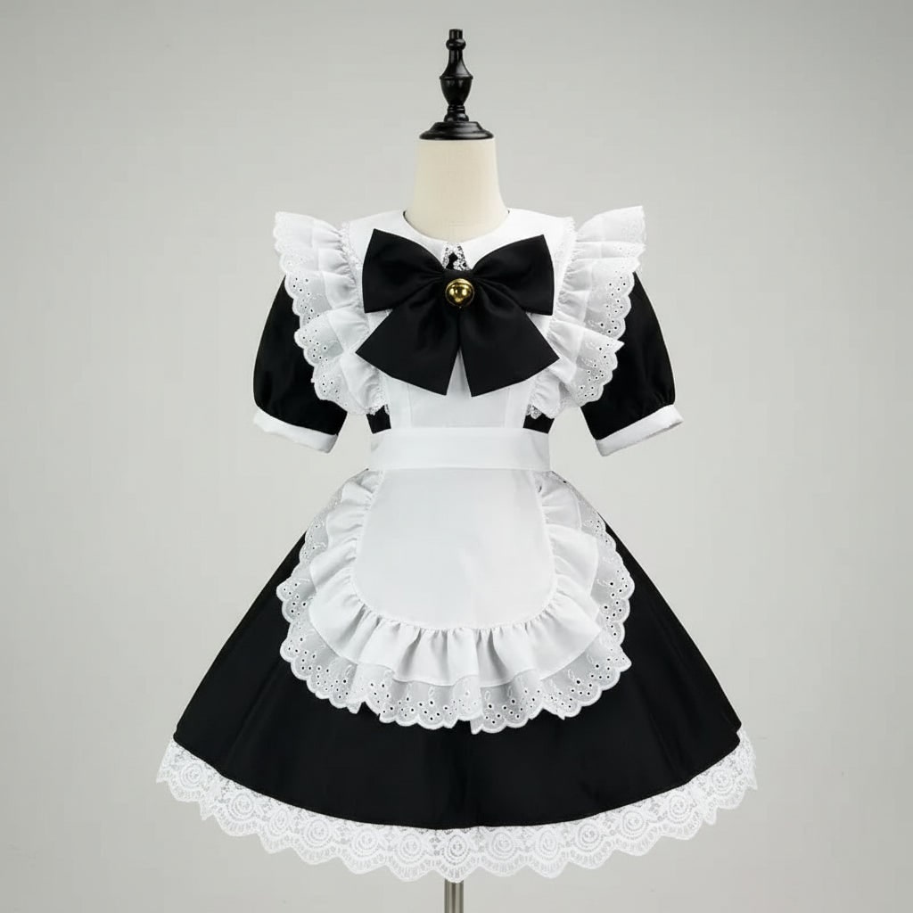 Halloween Maid Cosplay Costume Outfit French Dress with White Ruffled Apron and Lace Trim