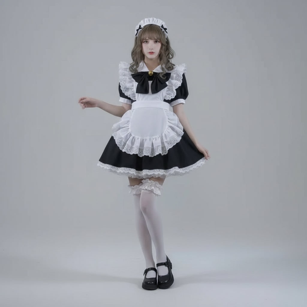 Halloween Maid Cosplay Costume Outfit French Dress with White Ruffled Apron and Lace Trim