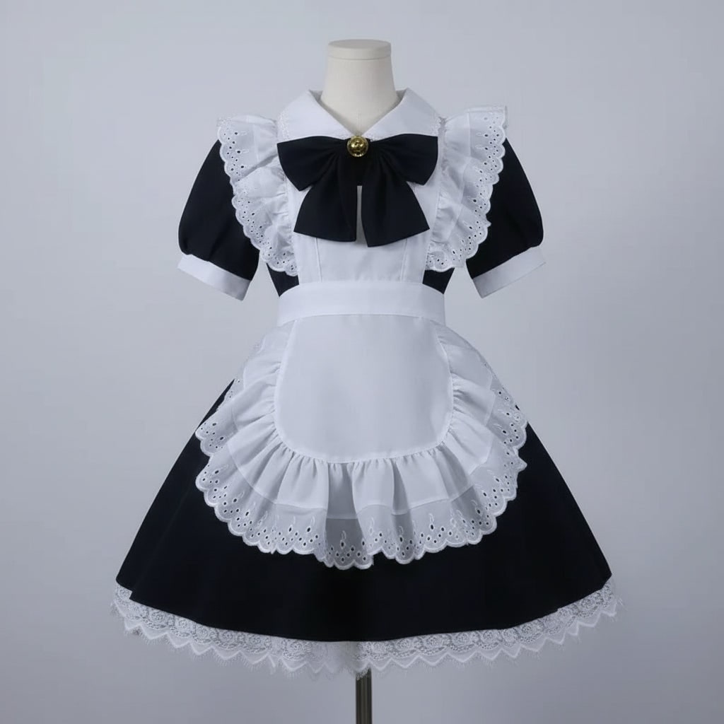 Halloween Maid Cosplay Costume Outfit French Dress with White Ruffled Apron and Lace Trim