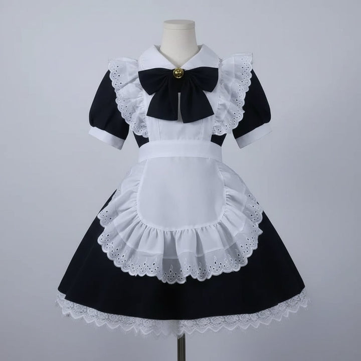 Halloween Maid Cosplay Costume Outfit French Dress with White Ruffled Apron and Lace Trim