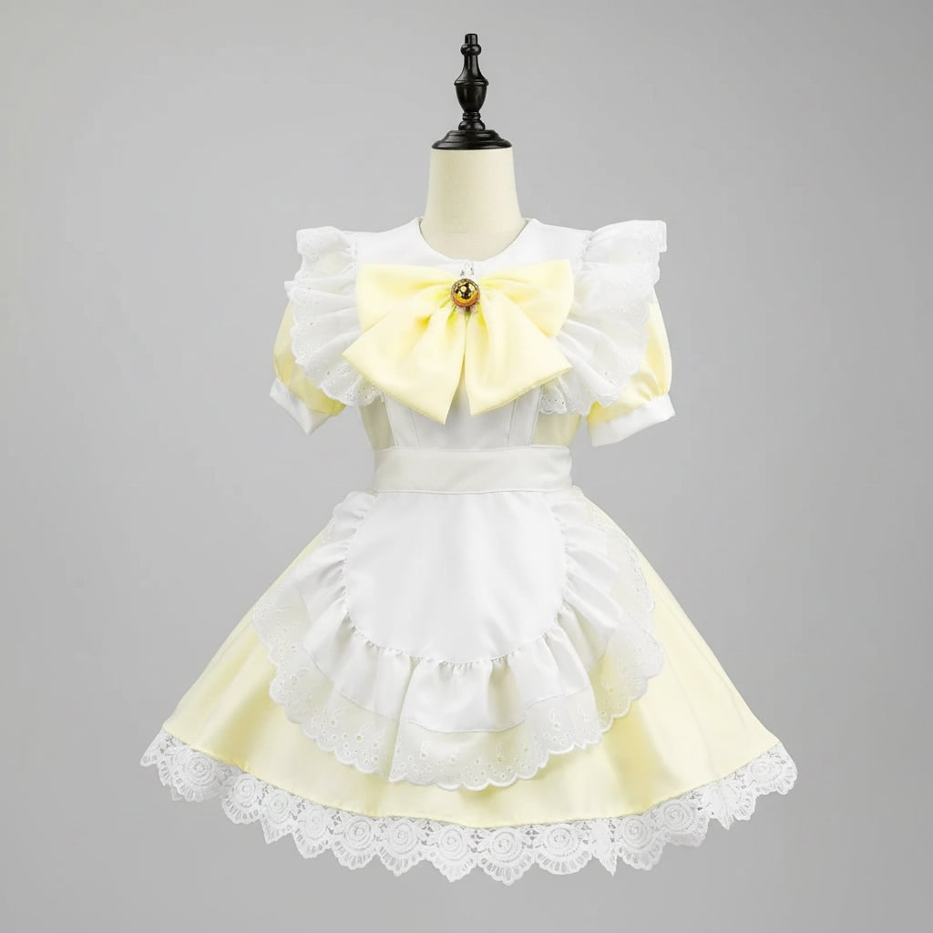 Halloween Maid Cosplay Costume Outfit French Dress with White Ruffled Apron and Lace Trim