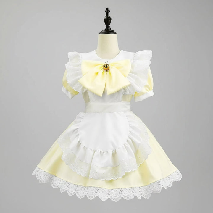 Halloween Maid Cosplay Costume Outfit French Dress with White Ruffled Apron and Lace Trim