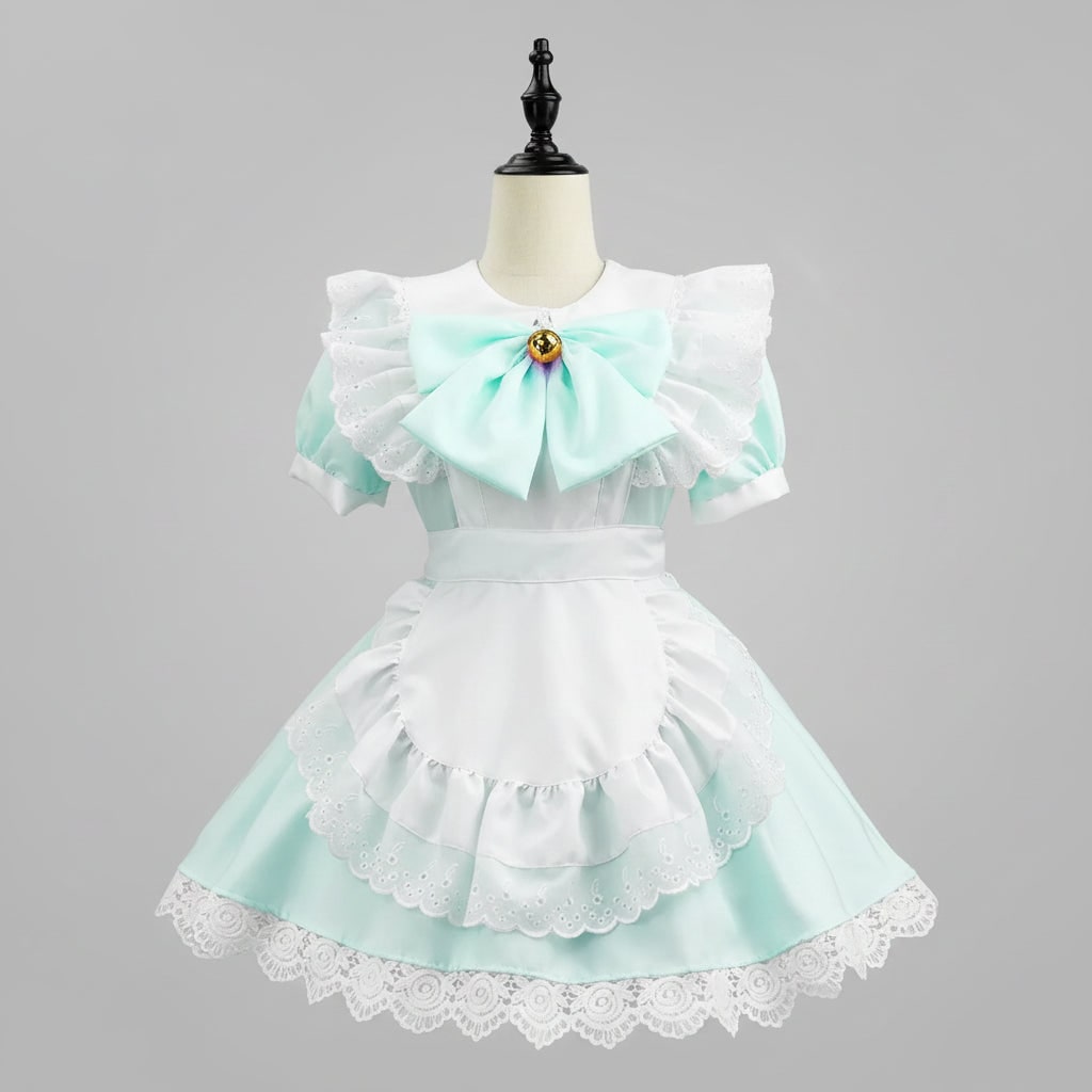 Halloween Maid Cosplay Costume Outfit French Dress with White Ruffled Apron and Lace Trim